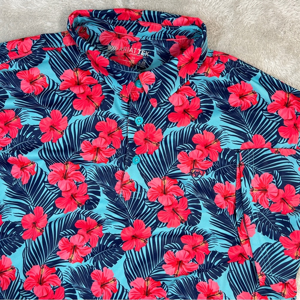 Ariat Tek Shirt Mens XL Performance Polo Blue Red Floral S/S Athleisure Sports